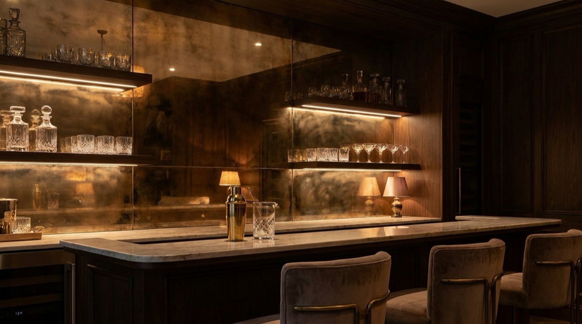 Antique mirror backsplash behind a luxury home bar with glass shelving