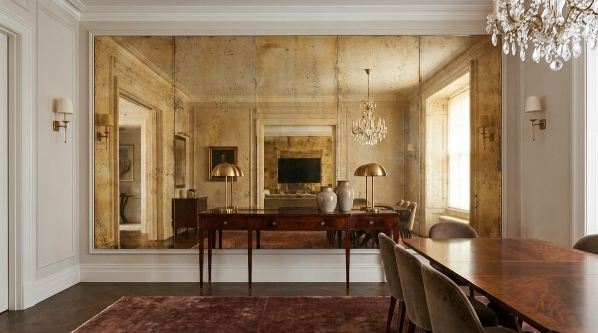 Antique distressed mirror feature wall with a warm aged patina in a luxury interior