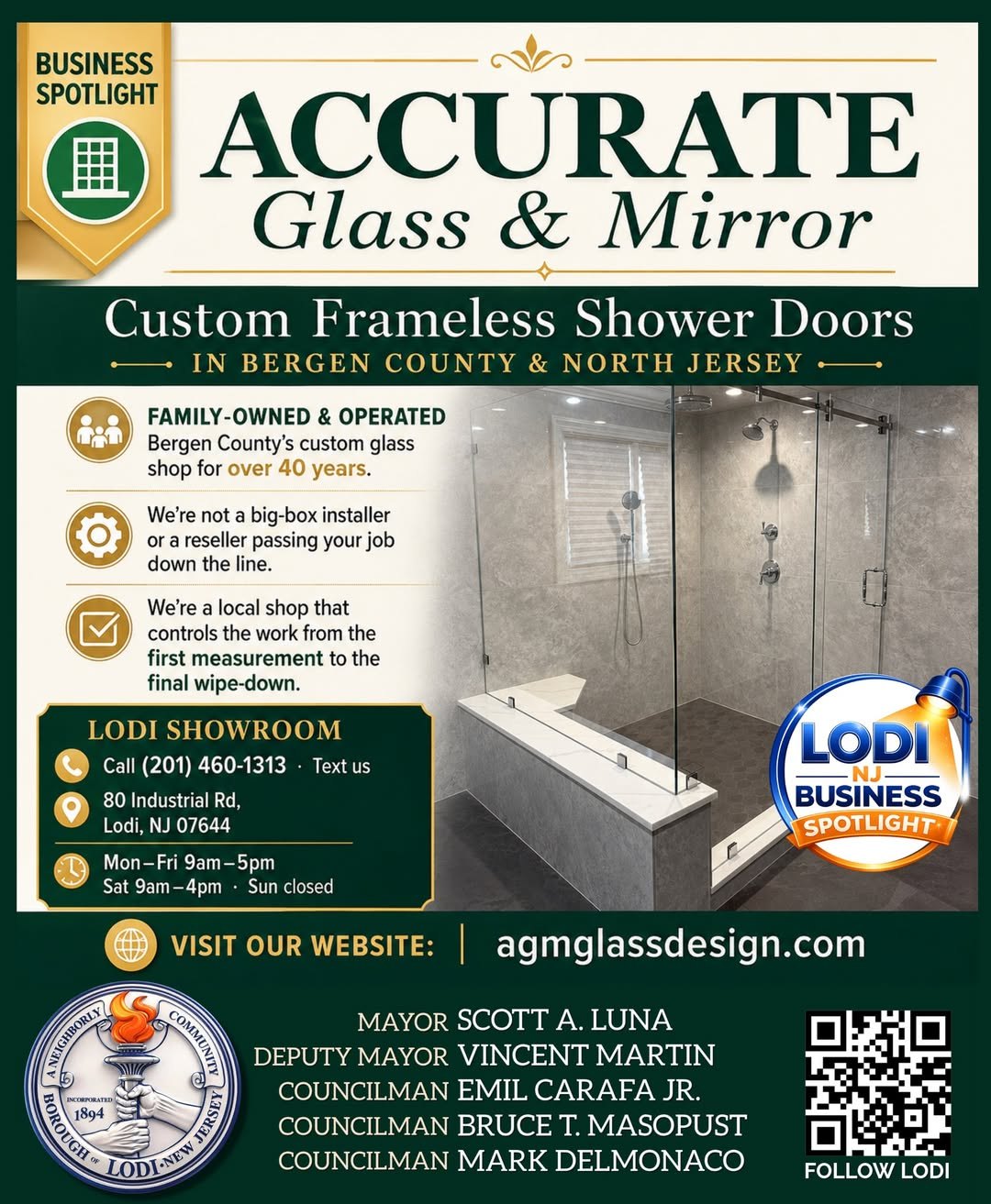 The Borough of Lodi's Business Spotlight flyer featuring Accurate Glass & Mirror at 80 Industrial Rd, Lodi NJ, showing the borough seal, the mayor and council, and the agmglassdesign.com web address