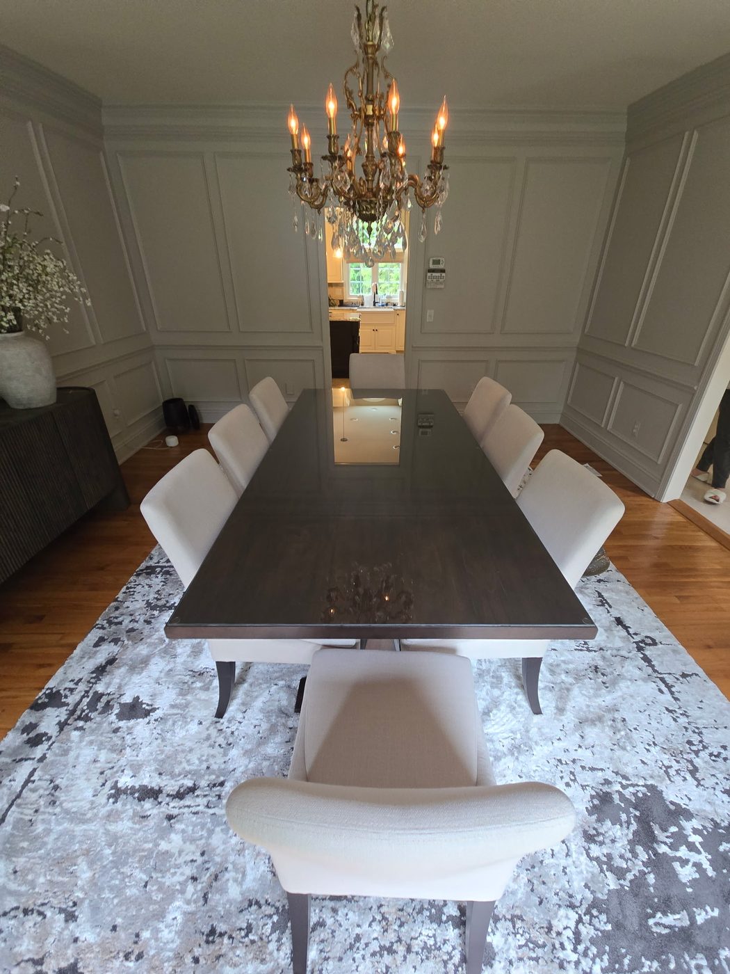 Custom glass-topped dining table